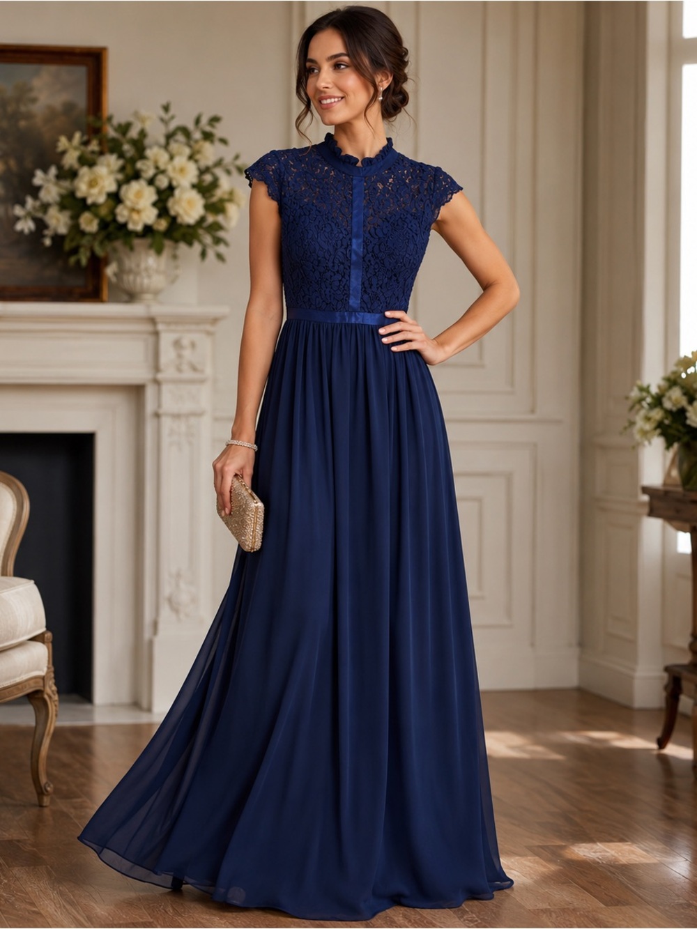Miusol Navy Blue Lace Maxi Formal Dress Medium